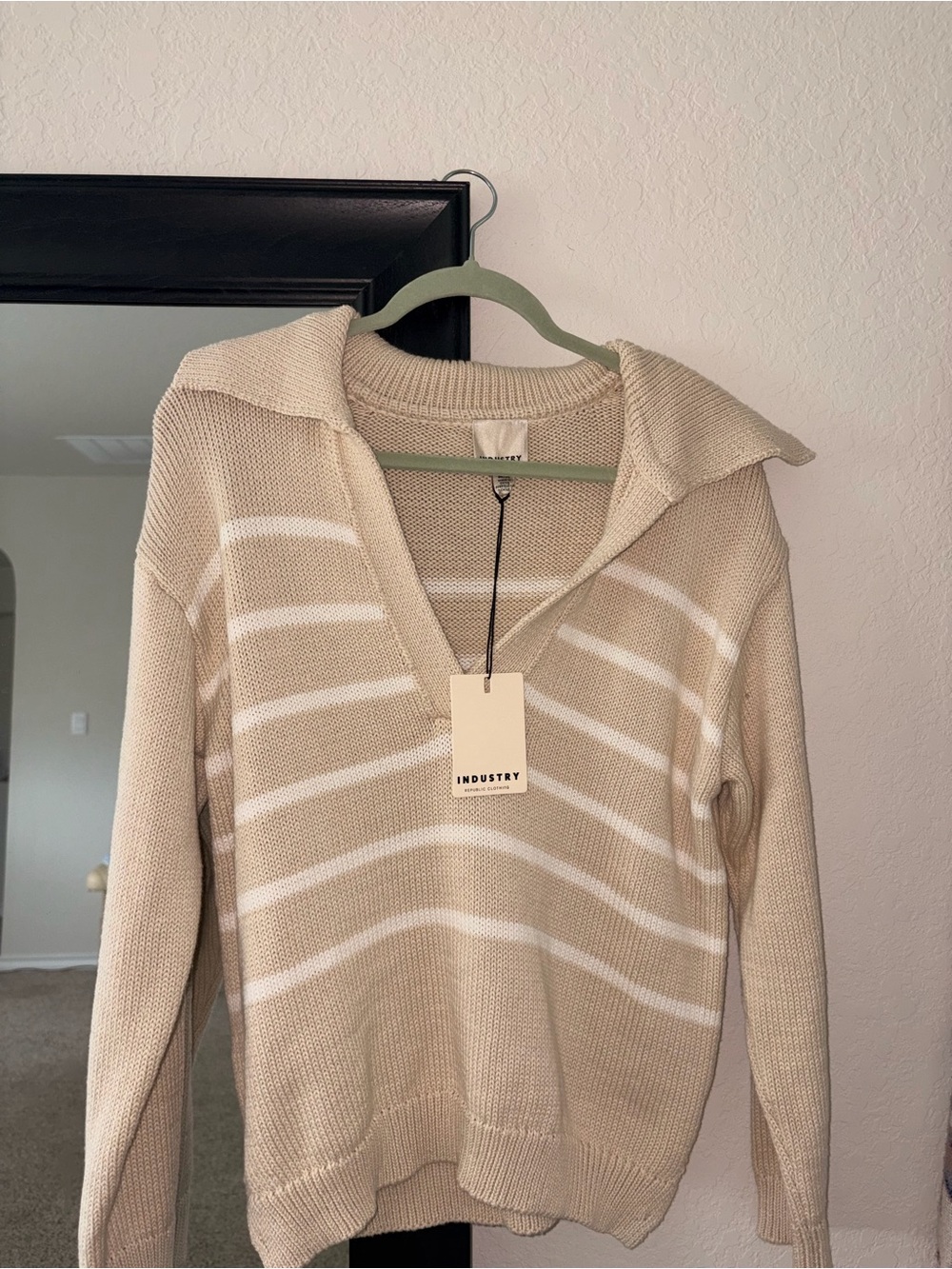 Industry Cream Striped V-Neck Sweater with Collar